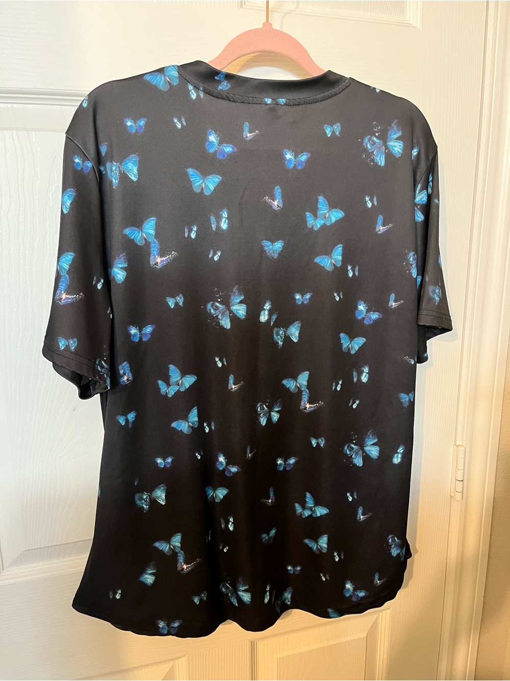 Women's Black Short-Sleeve Tee with Blue Butterfly Print